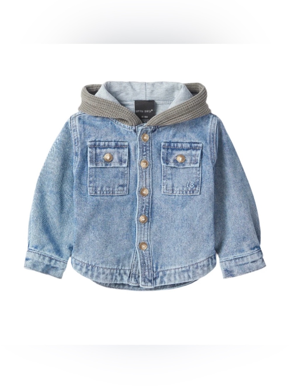Brand new Little Bipsy Washed Blue Denim Jacket with Gray Hood size 5-6